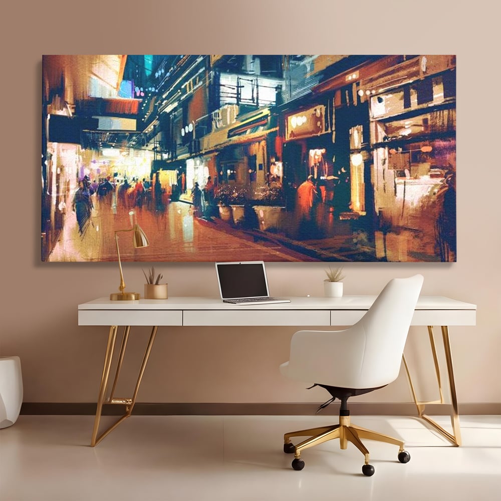 Tablou canvas cu pictura urbana cu strada luminata noaptea, fara rama, pe sasiu de lemn, pe perete intr-un birou